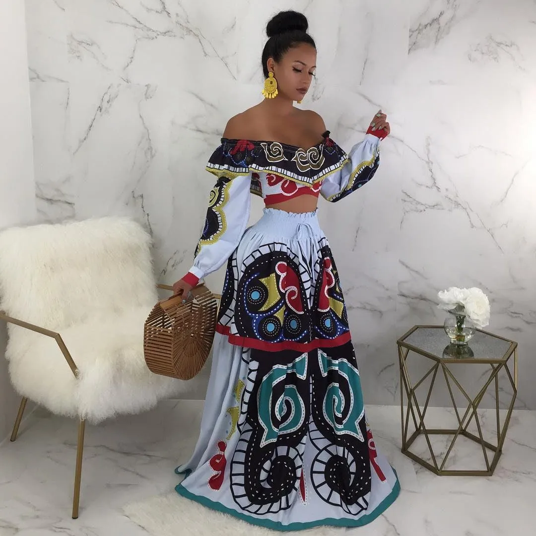 Off Shoulder Sexy 2 Stuk Jurk Ruches Vrouwen Slash Hals Hoge Taille Print Bohemian Jurk Casual Volledige Mouw Maxi Jurk Off Shoulder Sexy 2 Stuk Jurk Ruches Vrouwen Slash Hals Hoge Taille Print Bohemian Jurk Casual Volledige Mouw Maxi Jurk
