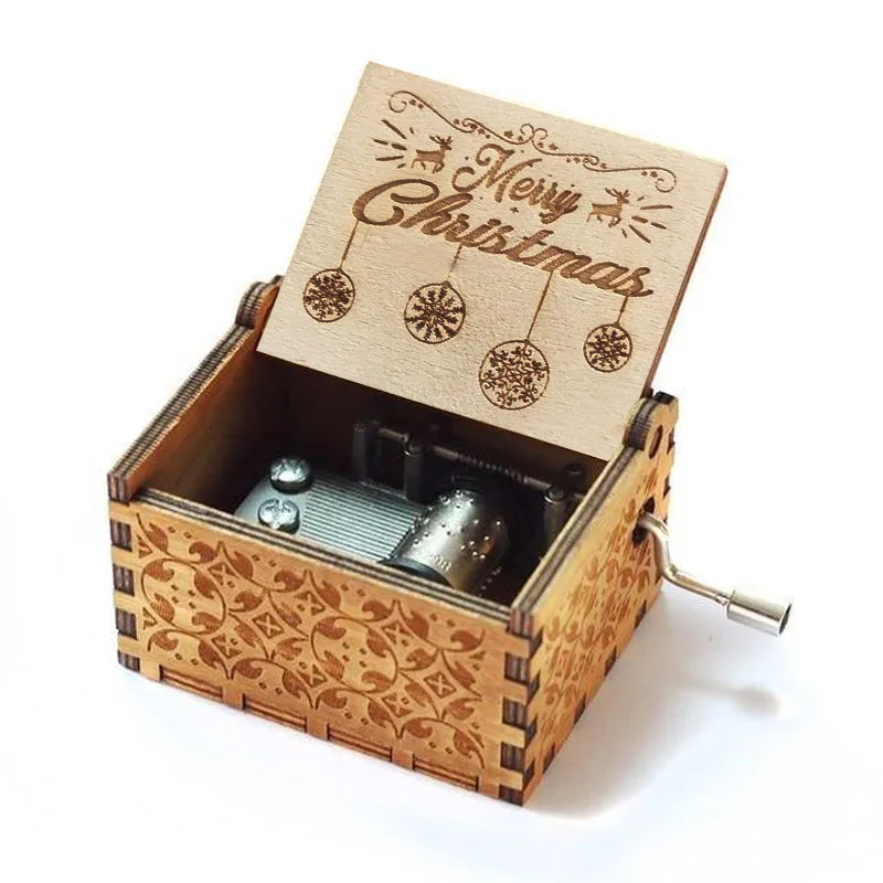 DIY Classic Christmas Theme Hand shake Carved Music Box Wooden Hand-cranked Music Box Christmas Gift Birthday gifts for kids