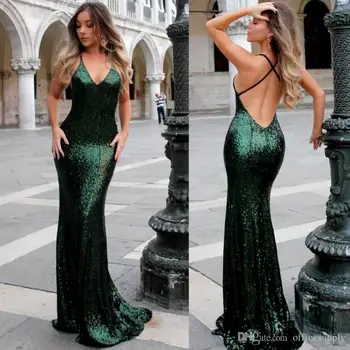 

Sequined Prom Party Dresses V Neck Mermaid Open Back Long Evening Gowns For Celebrity Dress