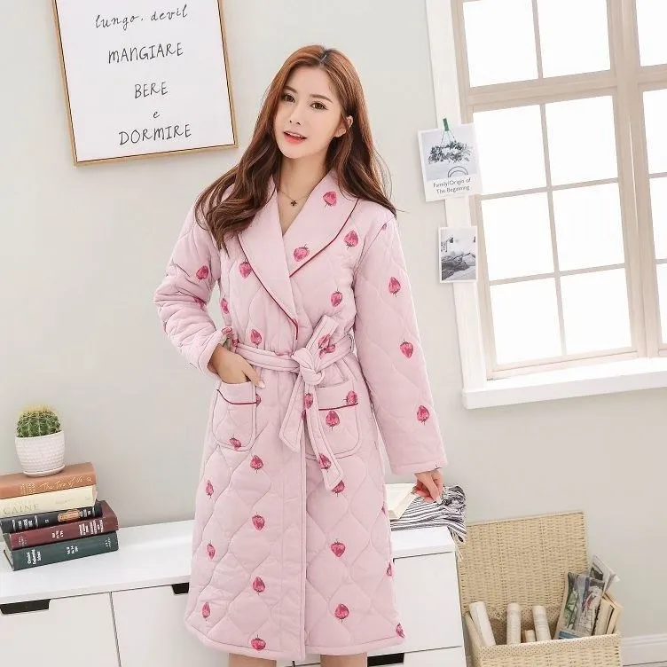 Зимний халат Housecoat с длинным рукавом Цветочный хлопок пижамы Нижнее белье Ночное кимоно Женская одежда Теплый Плюс размер женский халат