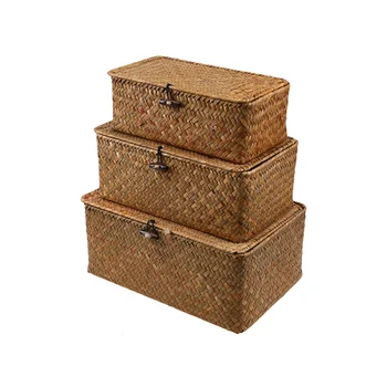 

3pcs New Seaweed With Button Woven Basket Straw Woven Debris Desktop Storage Box Hand-woven Storage Basket - Size S, M, L