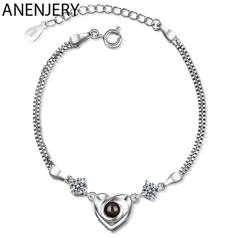 

ANENJERY Simple 925 Sterling Silver Heart Shaped Bracelets For Women Zircon Projection Jewelry Valentine's Gift S-B248