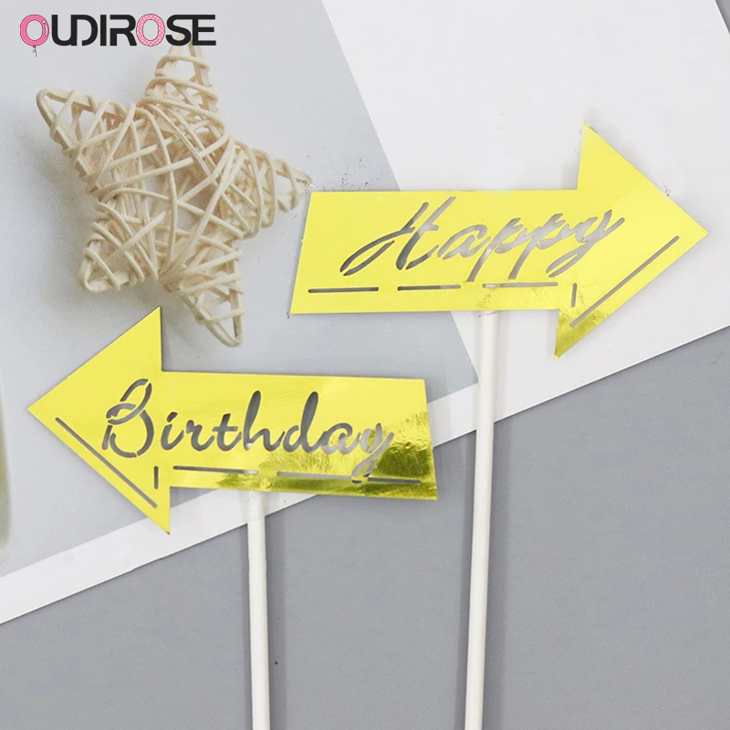 Creative Symmetrical Arrow Signpost Happy Birthday Cake Toppers Color Laser Paper Cupcake Topper Birthday Party Decor Supplies