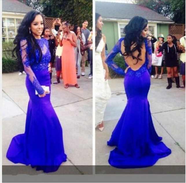 

Sexy Open Back Long Sleeves Royal Blue Mermaid Lace evening Prom gown 2018 Vestidos para festa mother of the bride dresses