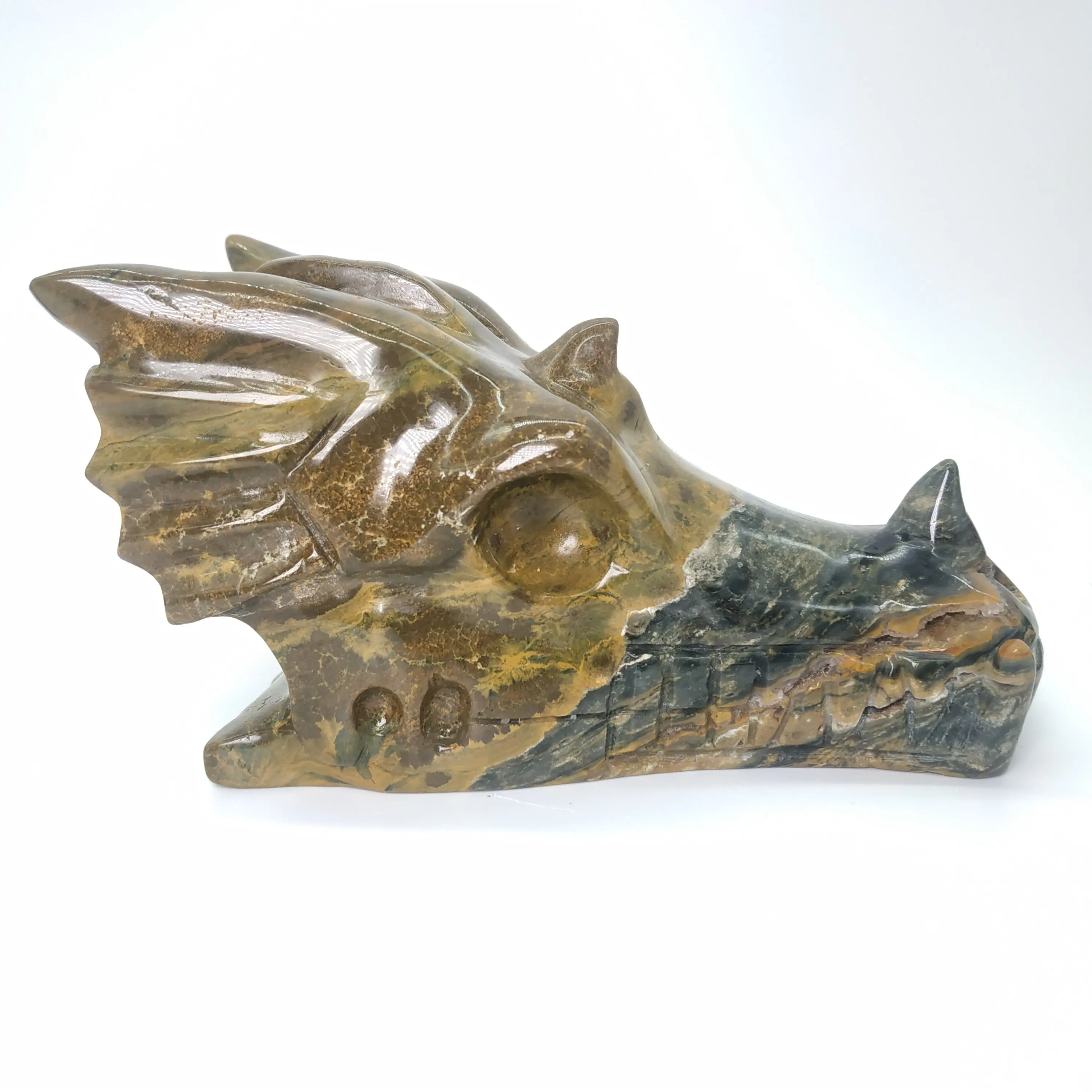 600-800g High Quality Hand carved Crystal dragon head skulls colourful ocean jasper dragon skulls healing stone - Цвет: ocean jasper