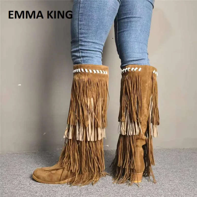 

Bohemia Style Women Mid-calf Gladiator Motorcycle Boots Low Heel Fringed Cowboy Boots Spring Autumn Women Tassel Boots Shoes