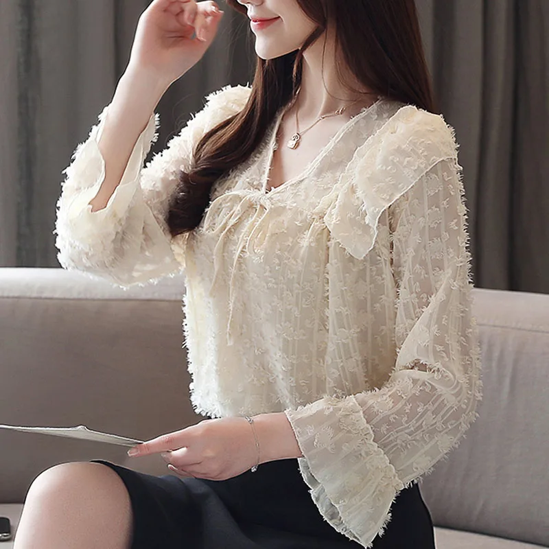 Blusas mujer de moda, женские топы, шифоновая блузка, розовые рубашки, Женские топы и блузки с бантом, одноцветная, v-образный вырез, рукав-клеш, 5755 50