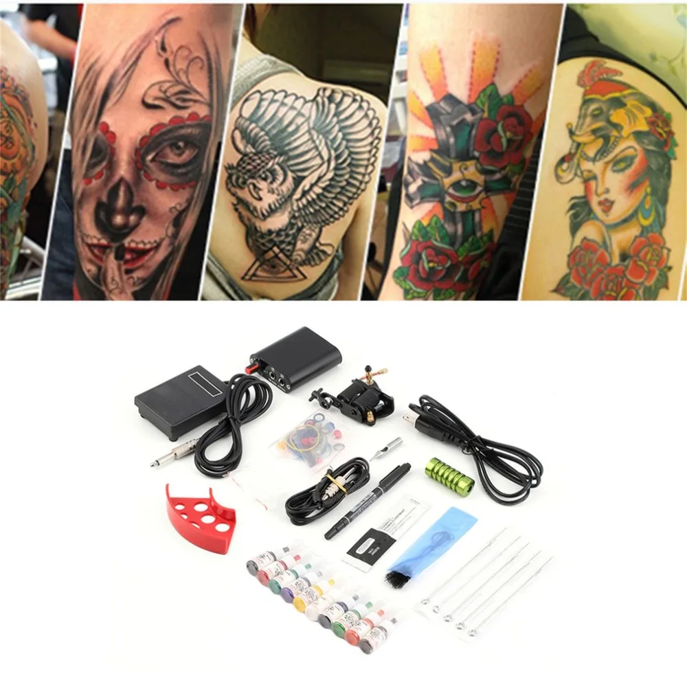 

High Quality 10 Color Complete Tattoo kits Pro Gun machine Power Pedal ink sets power supply disposable needle Grip Tip
