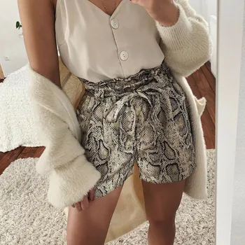 

Women Shorts Snake Print High Waist Shorts Ladies Summer Paper Bag Sexy Elegant Fashion Lace Up Ruffle Mini Shorts Skirts