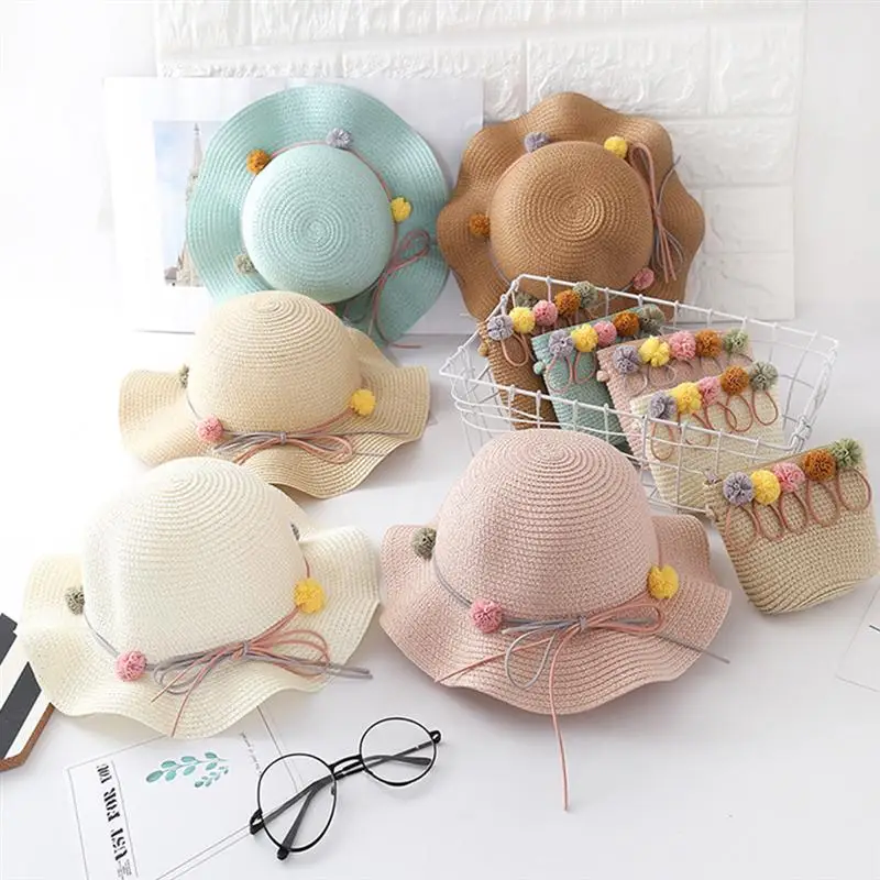 

Infant Baby Kids Hat Girls Fashion Wave Straw Cap Sun Protection Children Cool Cute Cap Summer Beach Baby Storage Bag 4 Colors