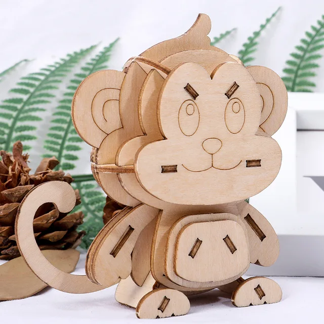 DIY 3D Animal Puzzle Creative Handmade Wooden Puzzles Toys for Children Adult Model Intellectual Education Deer Monkey Jigsaw Monkey