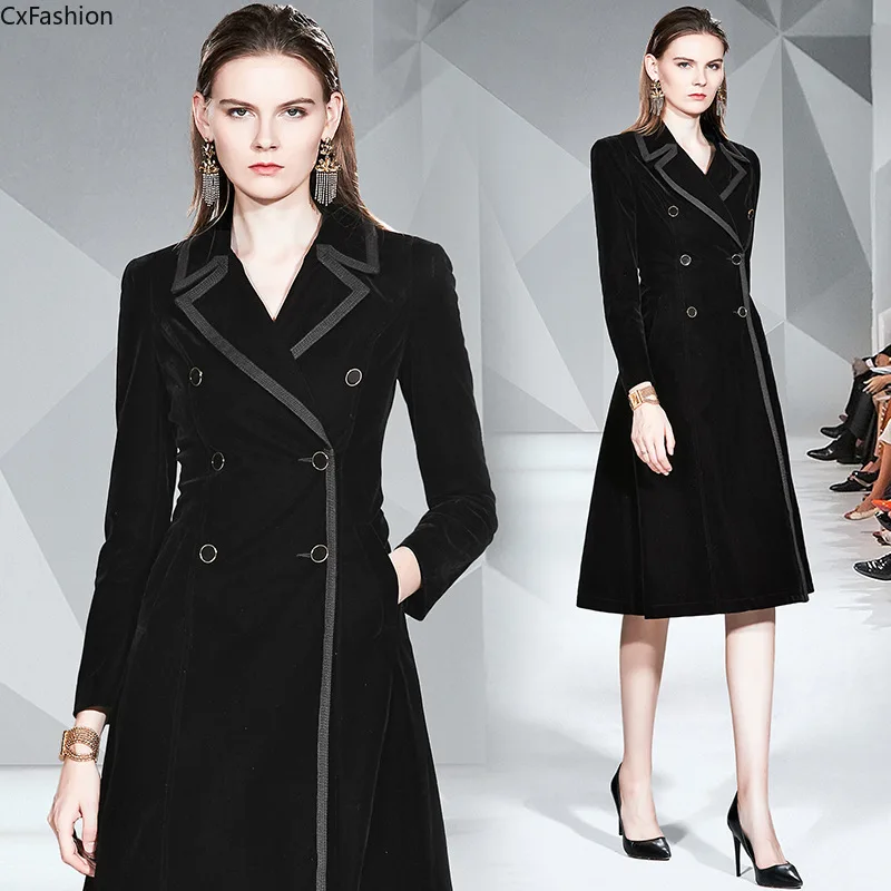 Cxfashion overwear coat Long Temperament Velvet Coat Black Slim-Fit Spring And Autumn Winter New Women's Clothing | Женская одежда
