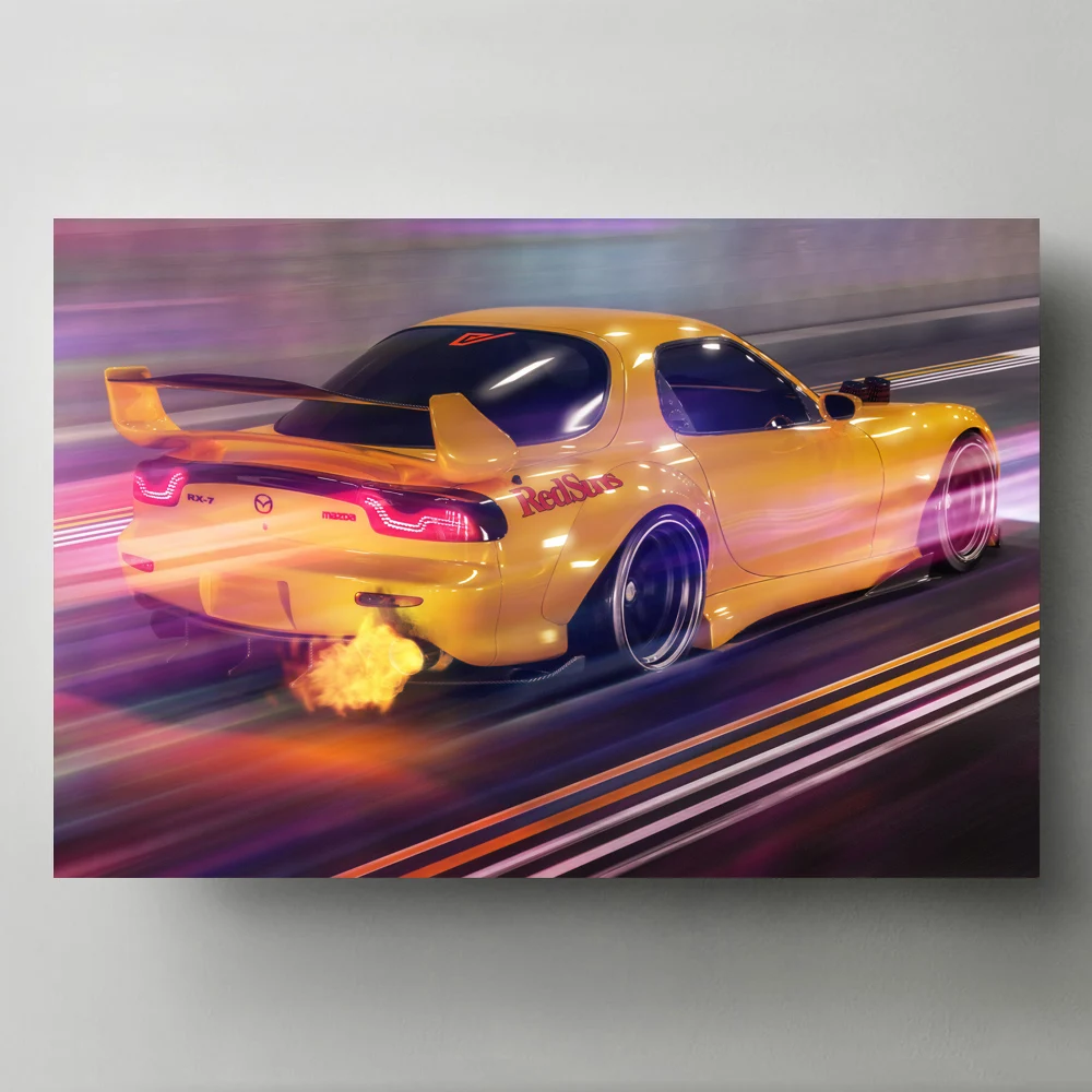 Картина на холсте HD Настенная картина MAZDA RX 7 желтого цвета постер для гоночных
