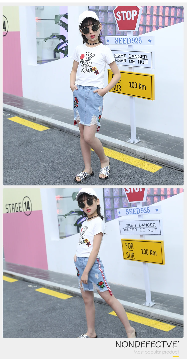 5-14 Years Old Kids Clothes 2 Piece Embroidery Rose Designer Children White Two Piece Short T-Shirt And Denim Kids Skirt Set