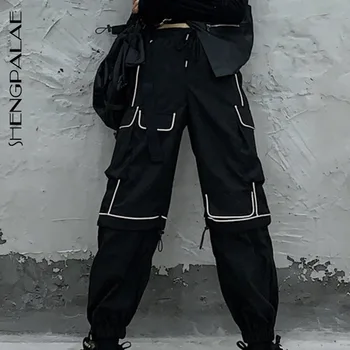 

SHENGPALAE 2020 Spring Vintage Patchwork Pants Harajuku Woman Man Trousers Elastics Reflective Stripe High Waist Pants ZA2467