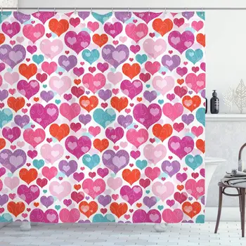 

Love Shower Curtain Pattern with Colorful Hearts and Curls Vibrant Colors Romance Wedding Marriage Theme Bathroom Decor Set