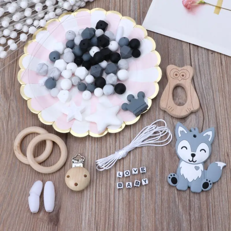 DIY Детский прорезыватель, игрушка для кормления, ожерелье, силиконовый браслет, силиконовые бусы для прорезывания зубов, кольцо, деревянная соска, зажим
