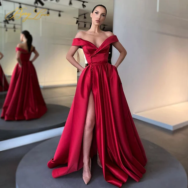 Baby Blue Evening Dress Sexy Long Party Gowns Elegant Satin Prom Dresses Button High Slit Formal Christmas robe de soiree Red