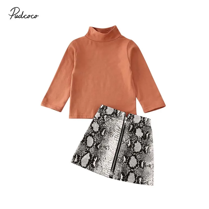 

2020 Baby Spring Autumn Clothing Toddler Kids Baby Girls Casual Clothes Turtleneck T-shirt Tops+Snake Print Skirt Outfits