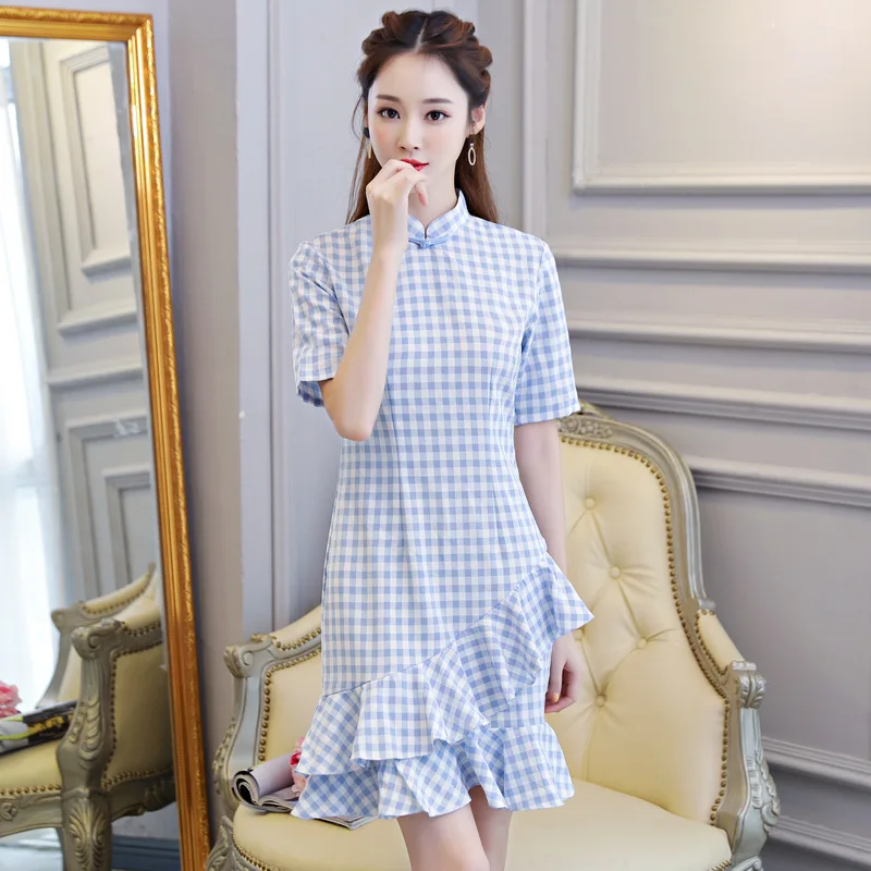 

New Sweet Women Double-layer Printing Imitation Silk Modified Short Stand Sleeve Lotus Lace Open Daily Girl Cheongsam Dress