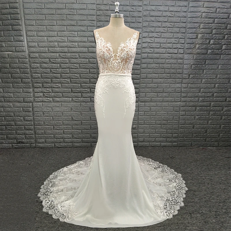 

2020 Sheer V Neckline Backless Bridal Gown Wedding Dress with Beaded Appliques