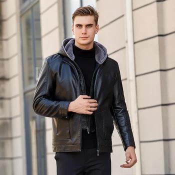 

Men Leather Jacket Coat Men Autumn Fashion Pocket Design PU Leather Jacket Men's Hooded Collar Zipper Plus Velvet PU Jacket