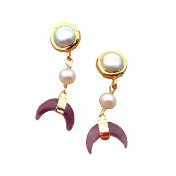 

White Pearl Natural Purple Genuine purple stone Crescent Moon Stud Earrings Handmade Delicate Jewelry For Women Gift