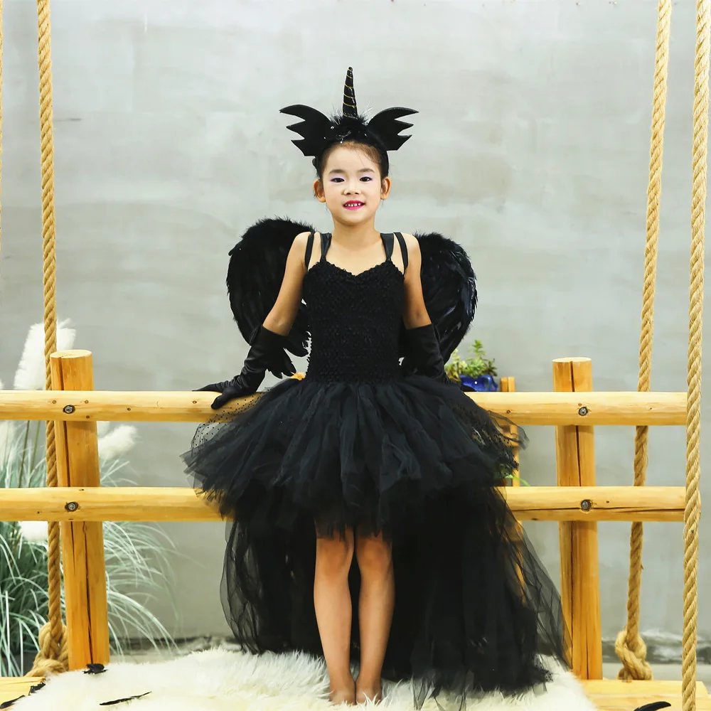 Элегантный Рождественский Костюм Ангела Черное Вечернее Вечернее Платье Девушка Свадебное Платье Дети Хэллоуин Платье в Горошек