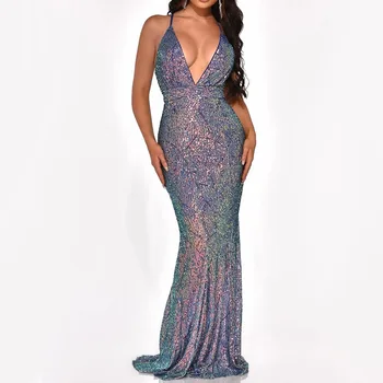 

Blue Elegant Prom Dress V Neck Mermaid Sequins Spaghetti Straps Sleeveless Floor Length Women Evevning Party Prom Dresses