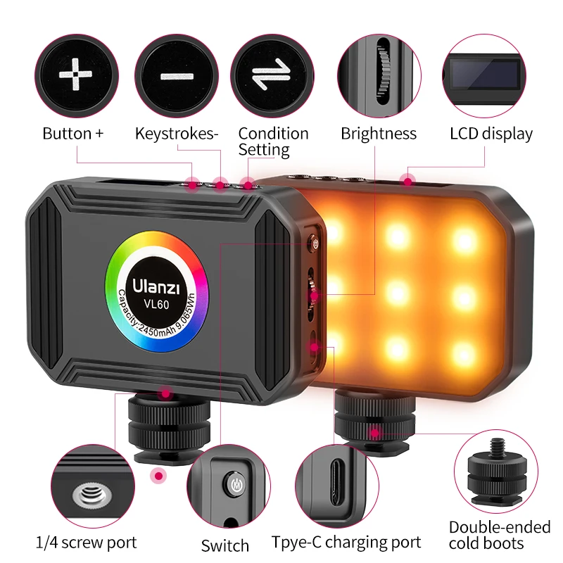 Ulanzi VL60 RGB Camera Light With 2450mAh 2500K 9000K Vlog Fill Light LED  Video Light For DSLR SLR Youtube Mini RGB Video Light|Photographic  Lighting| - AliExpress