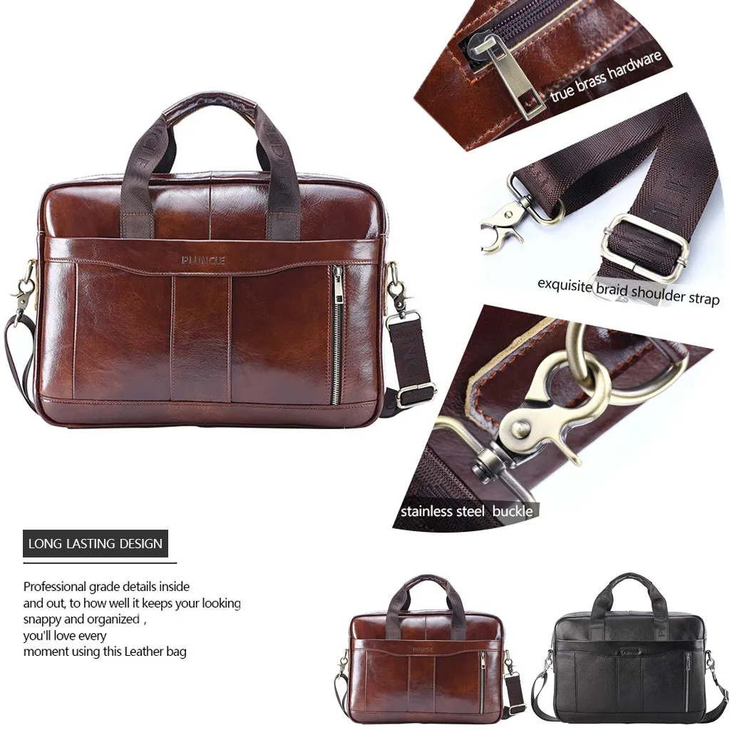 

Fashion senior men's solid color leather zipper handbag diagonal package business briefcase large capacity