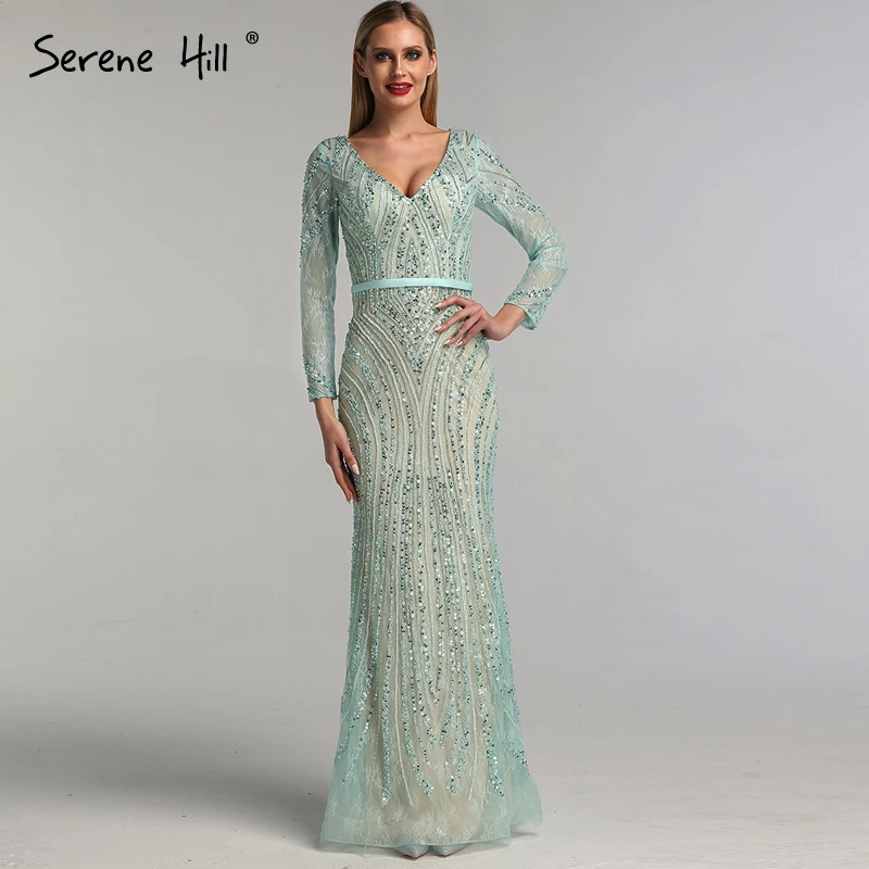 Dubai Green Long Sleeve Mermaid Fromal Dresses V-Neck Beaded Sequins Luxury Evening Dresses Serene Hill BLA6396