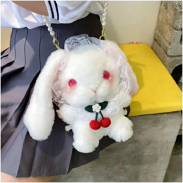 Magic Lolita Dressing Bunny Plush Toy Stuffed Unique Eyes Lace Rabbits Cuddly Plushies Cherry Necklace Crossbody Backpack Bags 2