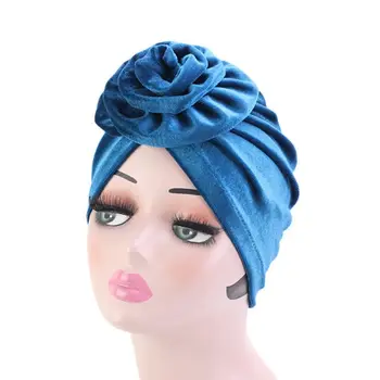 

Muslim Women Velvet Turban Hat Big Flower Top Beanie Glitter Solid Color Indian Chemo Cap Cancer Hair Loss Stretch Head Cover