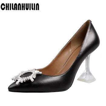 

new fashion genuine leather women pumps sexy pointed toe rhinestone flower leather pumps high heel ladies party wedding shoes