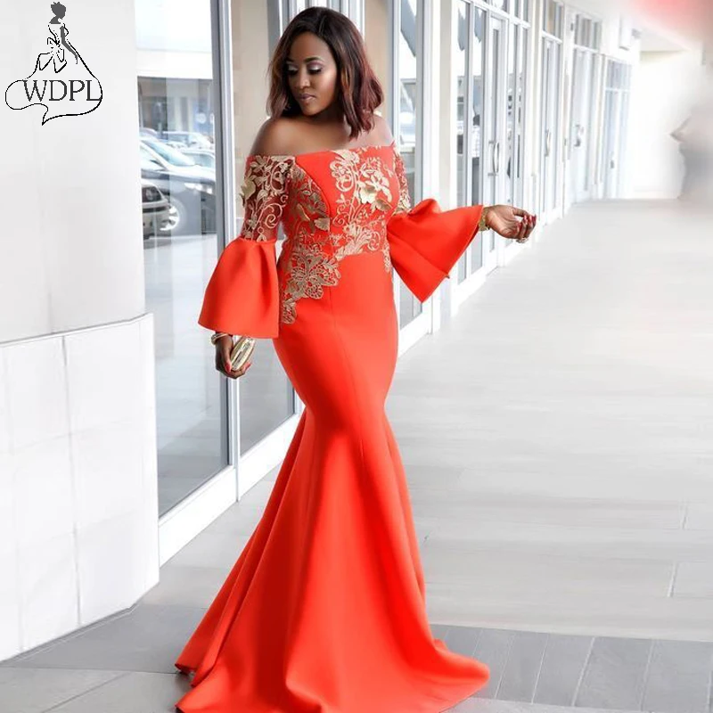 

Vintage Orange Mermaid Evening Dress African Plus Size Women Off Shoulder Prom Dresses Black Girl Lace Long Sleeve Formal Gowns