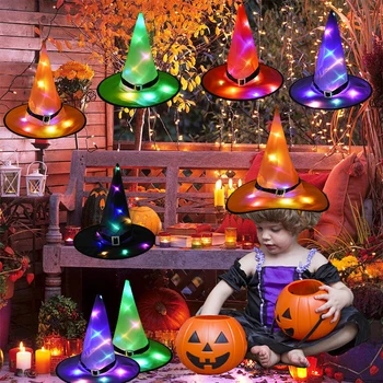 

1pcs Led Witch Hat with LED Light String Glowing Halloween Witches Kids Cosplay Dress up Supplies Halloween Party Decorations