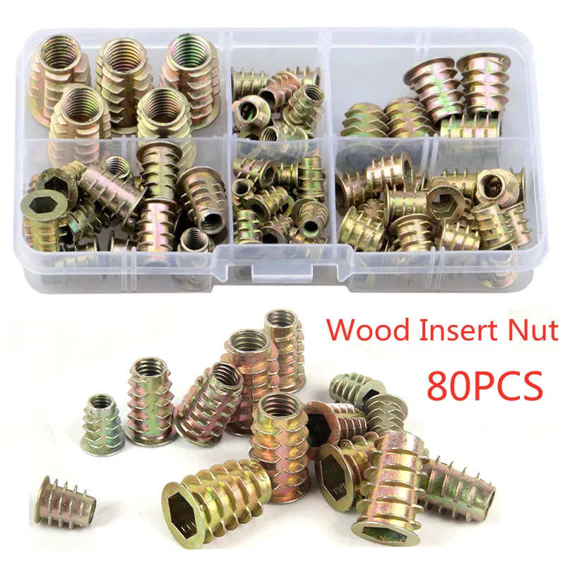80 шт. резьба для деревянной вставки гайка фланцевый шестигранный привод M4 M5 M6 M8