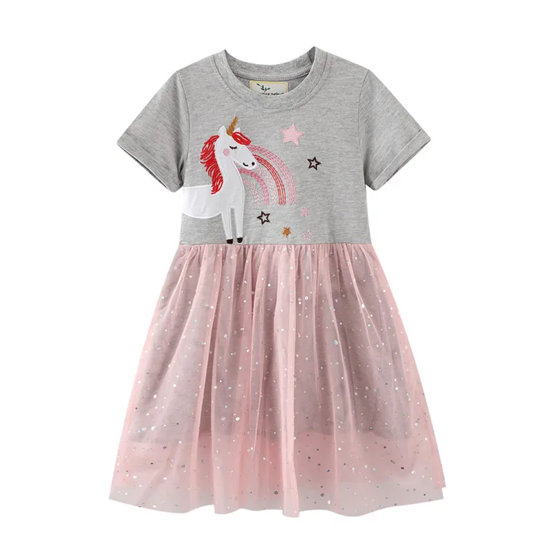 

Jumping Meters Summer Unicorn Applique Girls Party Dresses Animals Embroidery Hot Selling Baby Princess Frocks