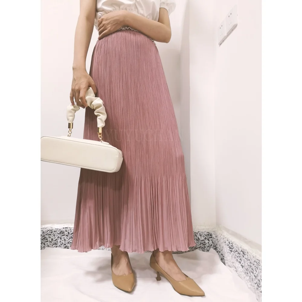 Yellow Pleated Midi Skirt Chiffon High Waist for Women 2021 Spring Summer Vintage Pink Blue A-Line Party Sexy Beachwear YUYUCHAN brown skirt