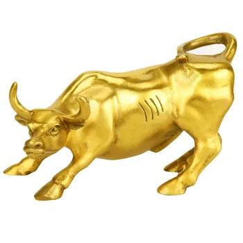 

Golden Brass Charging Stock Market Bull Figurine Wall Street Bull Ox Statue Feng Shui Scuplture Home Office Decor WY5
