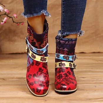

Women Retro Boot Printed Metal Buckle Genuine Leather Zipper Ankle Boots Fashion Ladies Shoes Female Boots