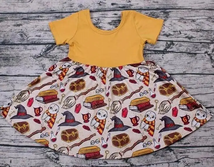 Helloween cute witch hat and broomsticks pattern design girl dress