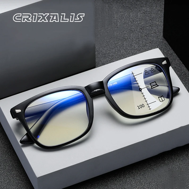CRIXALIS Square Multifocal Progressive Reading Glasses Men Fashion With Diopters Anti glare Computer Eyeglasses Women UV400