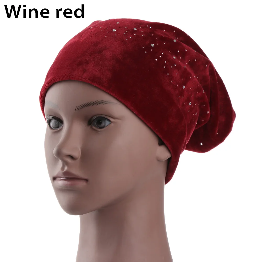 wine red Зимняя бархатная шапка бини женская шапка блестящие стразы бини для женщин трикотажная шапка с черепами шапки Skullies Bonnet Прямая поставка - Цвет: wine red