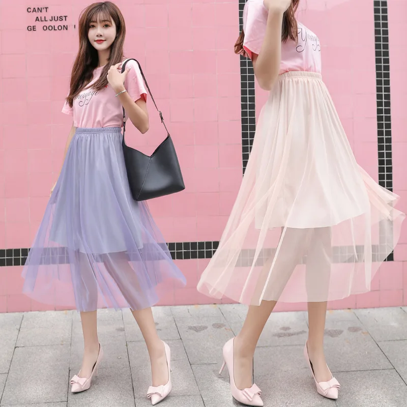 

Women's 2019 Spring Summer New Style Medium-length Mesh Skirt Summer Black Lace Fairy Skirt in Super Fire Skirt Fashion
