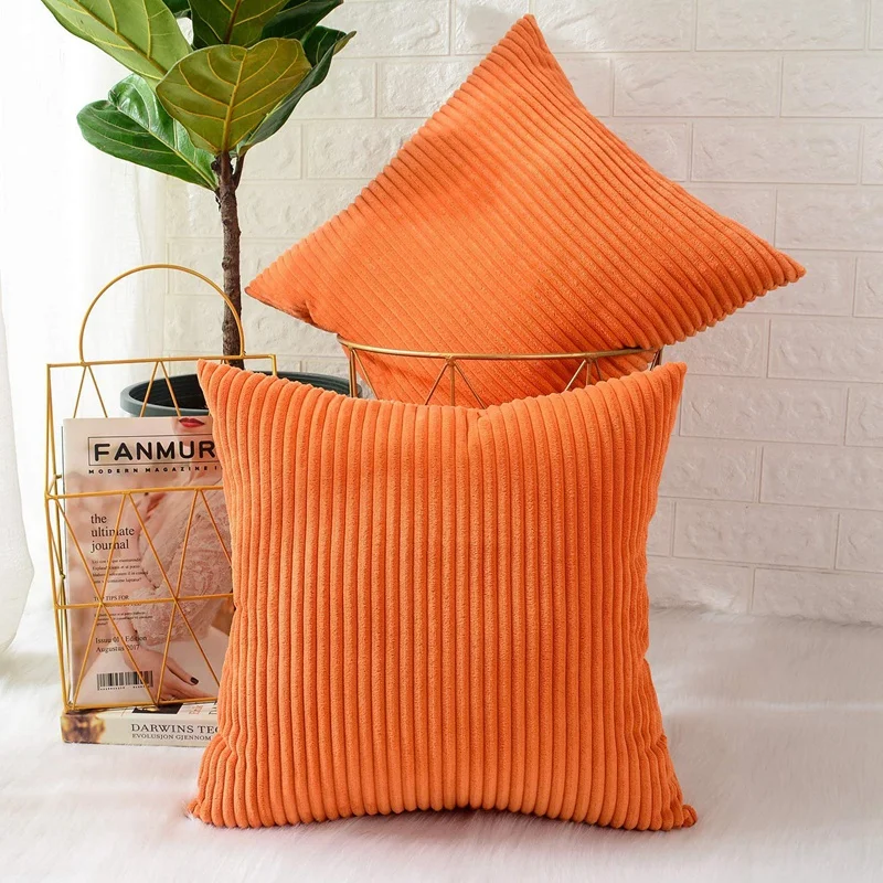 Pack of 2 Corduroy Soft Velvet Striped Solid Square Throw Pillow Covers Cushion Cases 18 X 18 Inch Orange