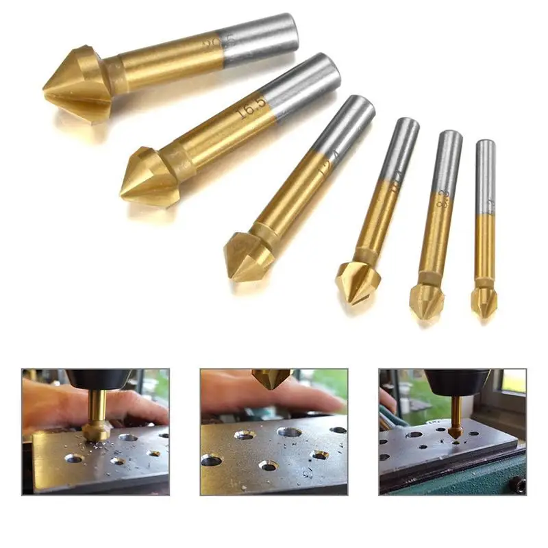 

6Pcs Deburring Bits 90° Countersink Drill Bit Professional Titanize Countersink Chamfer Deburring Tool Hex Countersink Drill Bit