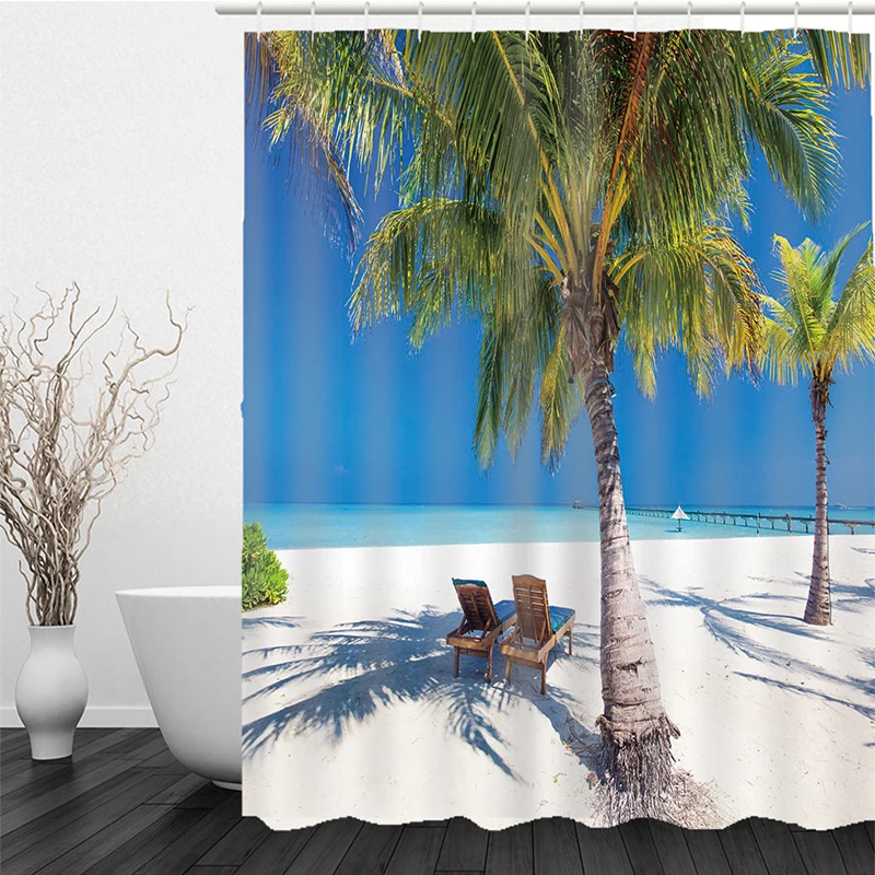 

Fashion Coconut tree Printed Shower Curtain With 12 Hooks Waterproof Bath Curtain Sets