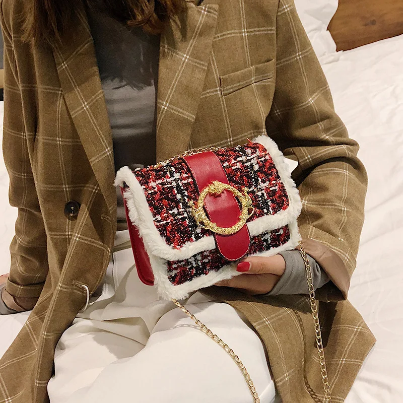 

CHIC Chain Square Sling Bag Woolen Small Bag Women's 2019 New Style Versatile Simple Korean-style-Style Crossbody Bag